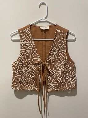 Embroidered Tie-Front Crop Vest